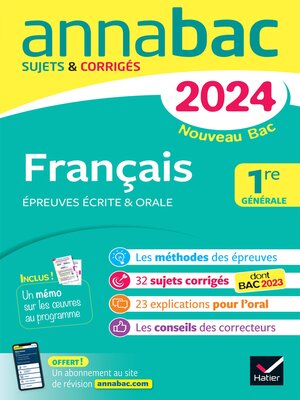 cover image of Annales du bac Annabac 2024 Français 1re générale (bac de français écrit & oral)